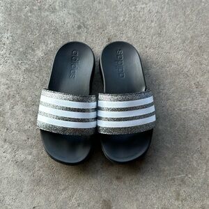 Little kids size 10c adidas slides black glitter 3 stripes